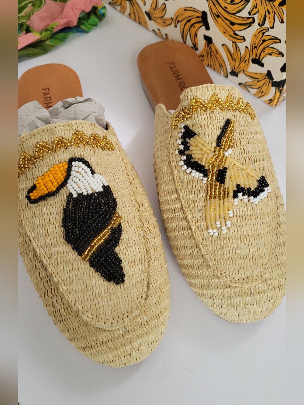 FARM Rio Tucan Embroidered Beaded Raffia Slide Mules NWT/box And Dust Bag